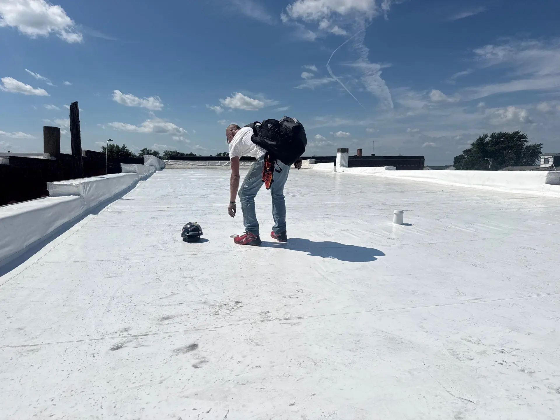 White Duro-Last roof on a small-town city hall in Lost Nation, Iowa