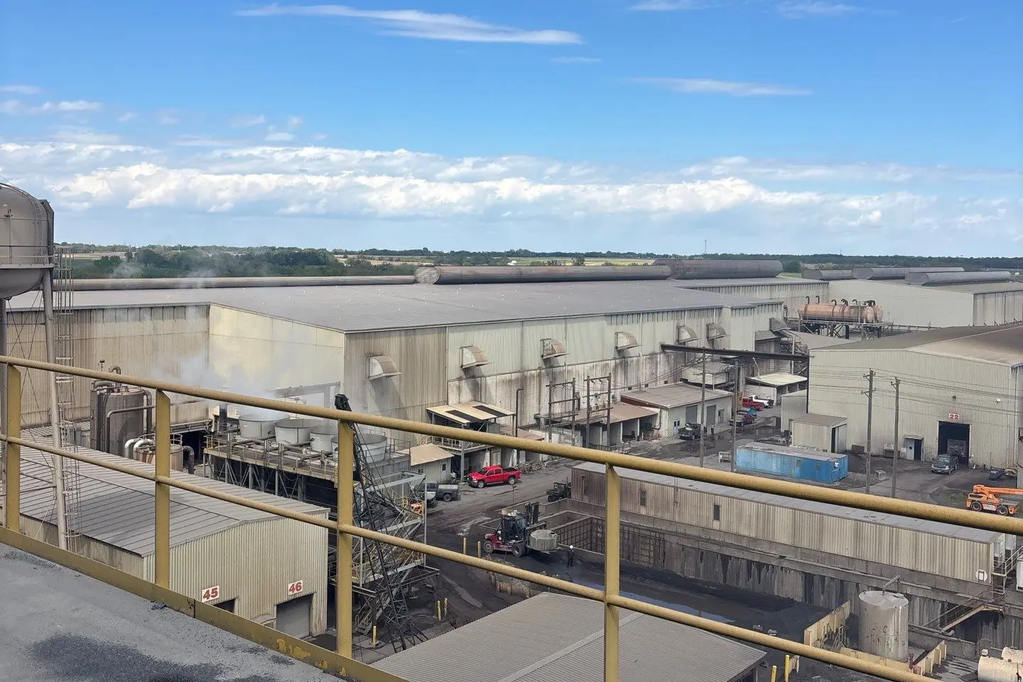 View from a steel mill roof in Muscatine, Iowa, 100 feet up, where Beckwith installed 12-gauge, 12-inch industrial steel gutters